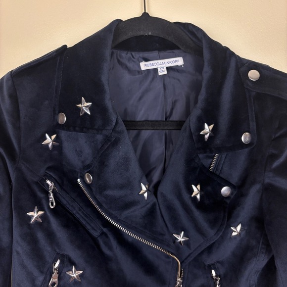 REBECCA MINKOFF Wes Star-Studded Velour Moto Jacket Navy Blue Women Size XS Zip - Picture 4 of 11